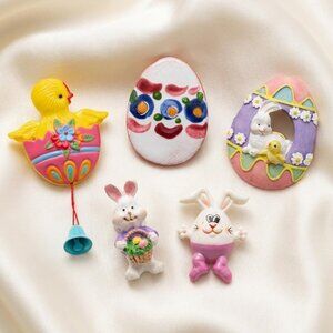 Easter Brooch Pin Lot Chick Bunny Egg Pull String Handmade Set of 5